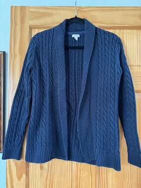 LLBean Navy Cable Knit Open Cardigan Sweater
